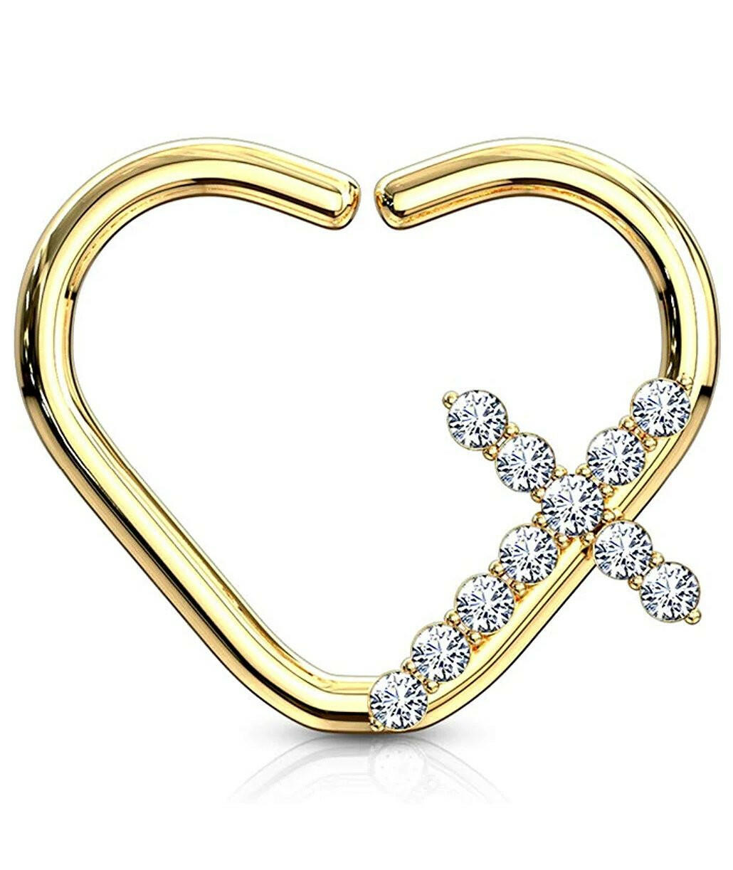 Brass CZ Paved Cross Heart Shape Ear Cartilage Daith Hoop Rings Nose Ring Impulse Piercings Right/Gold