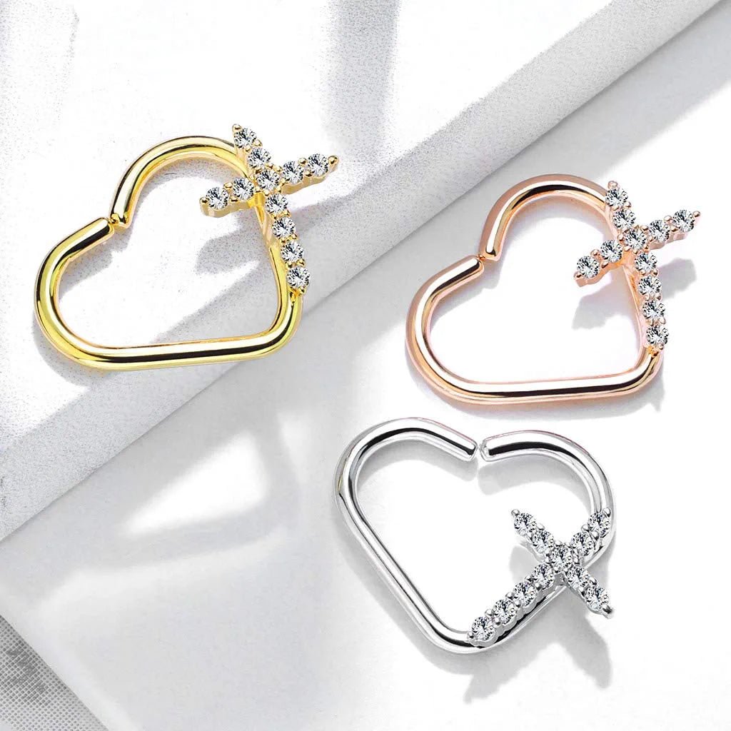 Brass CZ Paved Cross Heart Shape Ear Cartilage Daith Hoop Rings Nose Ring Impulse Piercings