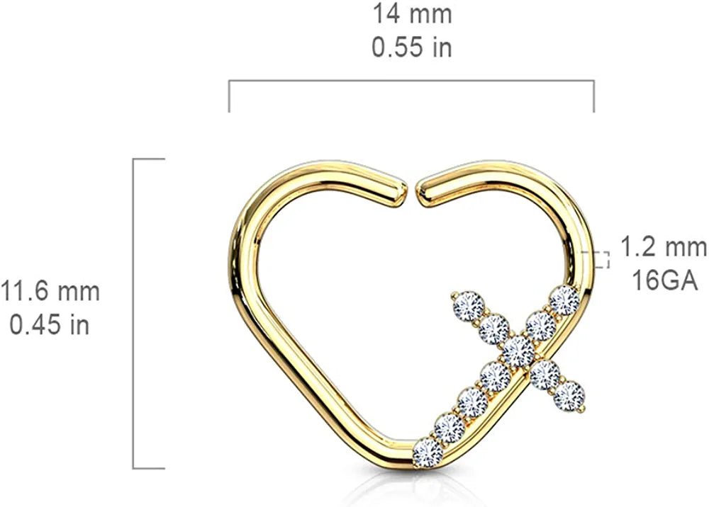 Brass CZ Paved Cross Heart Shape Ear Cartilage Daith Hoop Rings Nose Ring Impulse Piercings