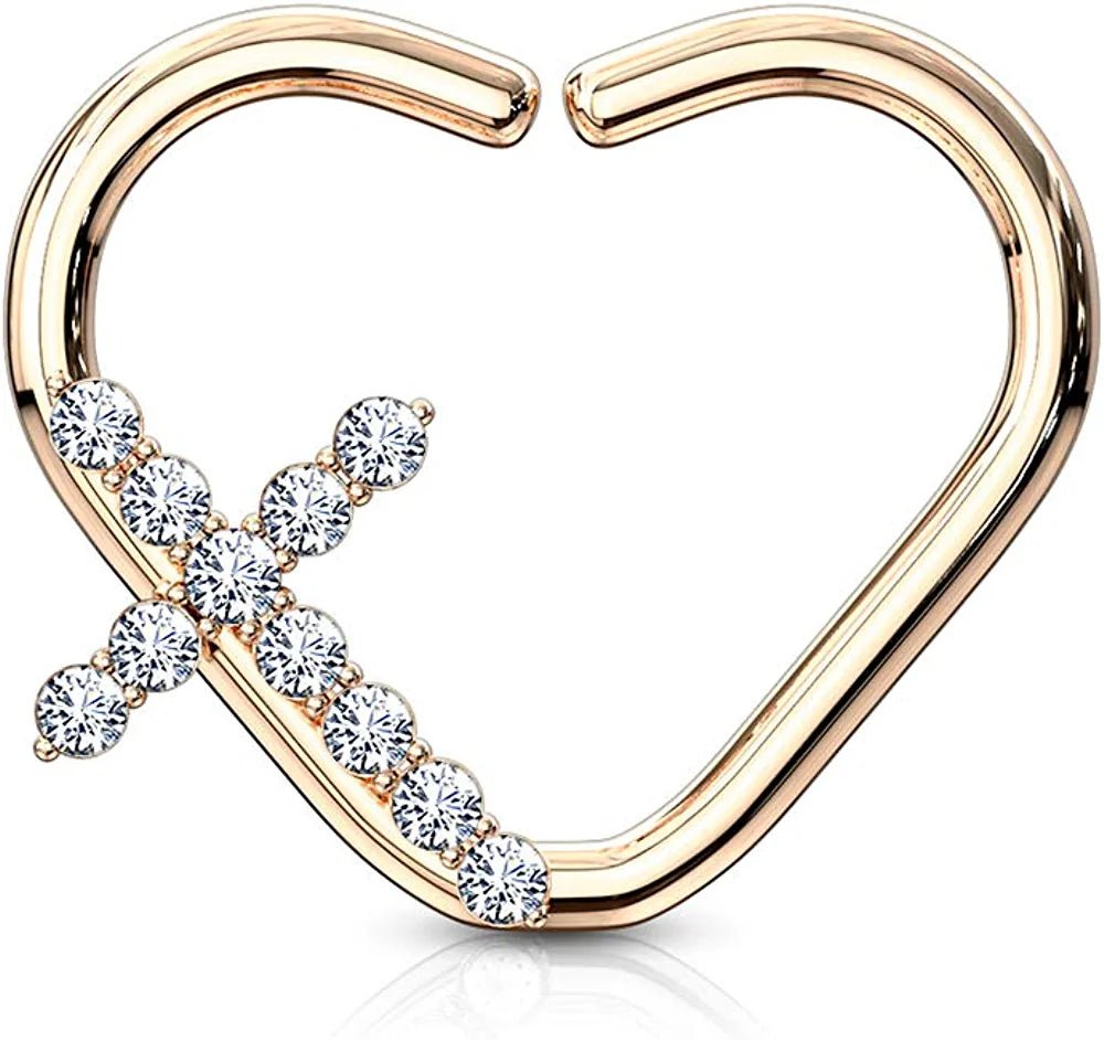 Brass CZ Paved Cross Heart Shape Ear Cartilage Daith Hoop Rings Nose Ring Impulse Piercings Right/Rose Gold