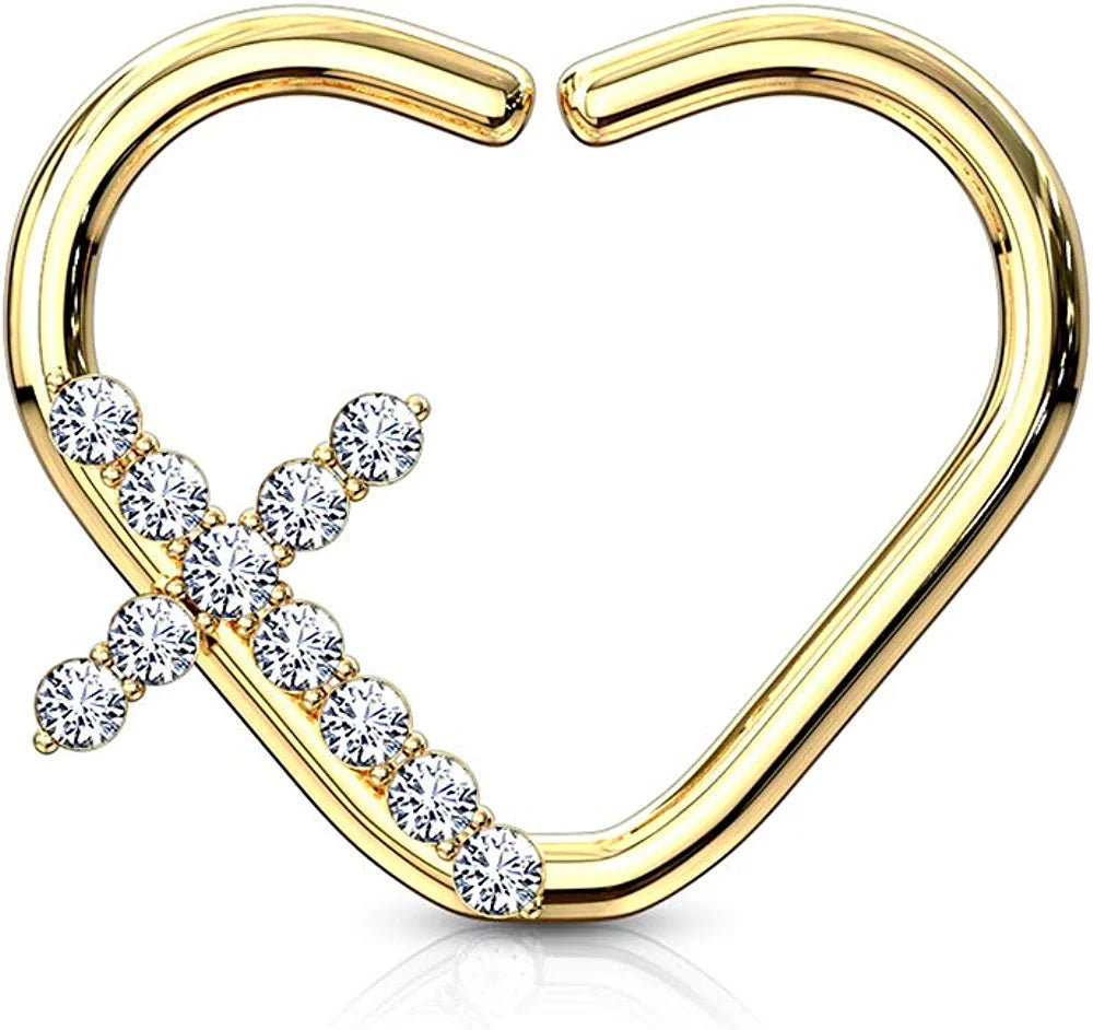 Brass CZ Paved Cross Heart Shape Ear Cartilage Daith Hoop Rings Nose Ring Impulse Piercings Left/Gold