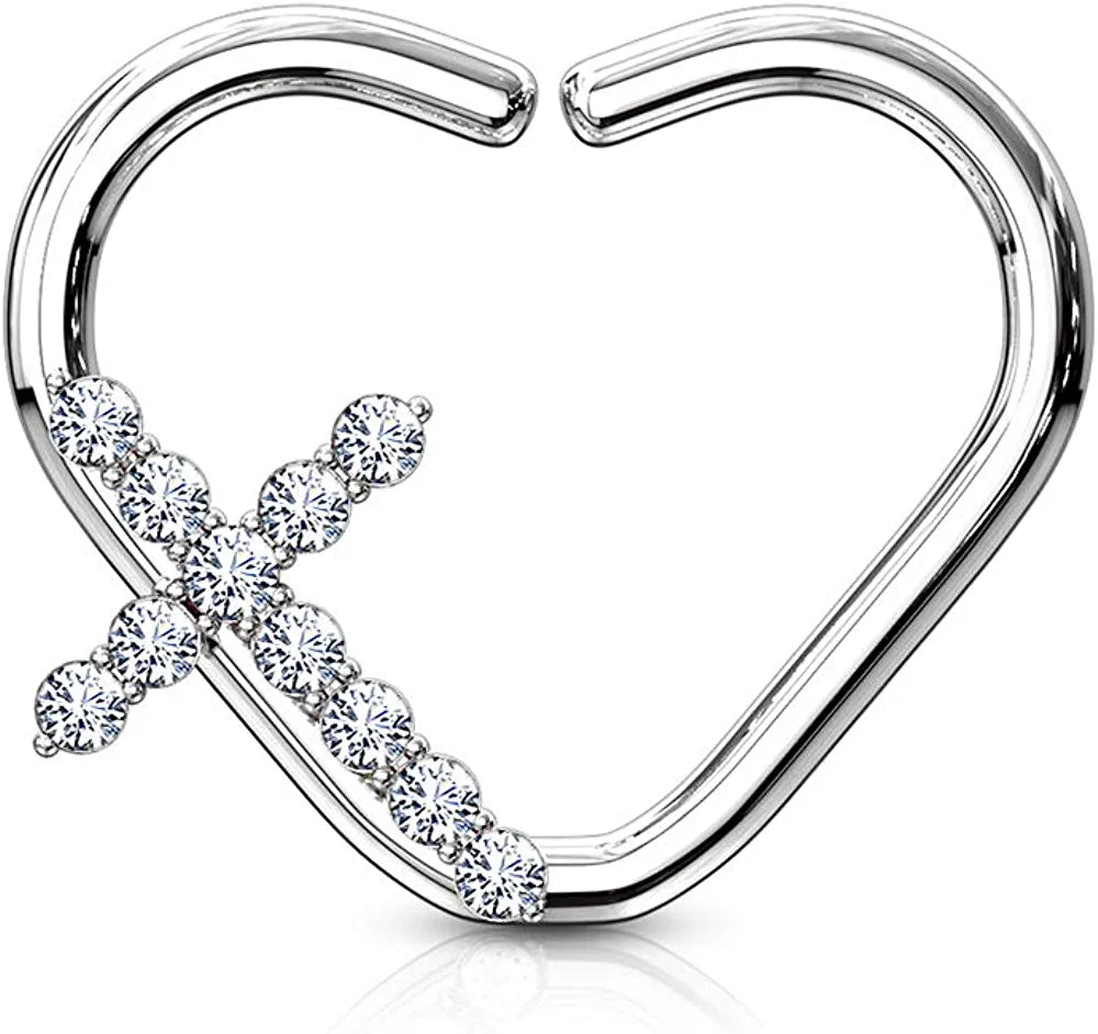 Brass CZ Paved Cross Heart Shape Ear Cartilage Daith Hoop Rings Nose Ring Impulse Piercings Right/Clear