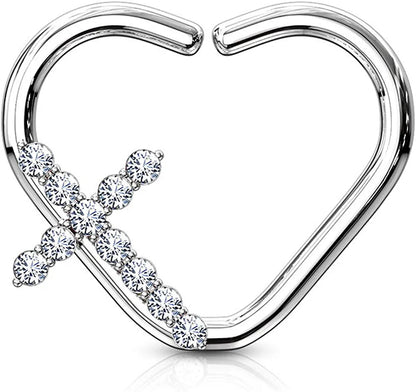 Brass CZ Paved Cross Heart Shape Ear Cartilage Daith Hoop Rings Nose Ring Impulse Piercings Right/Clear