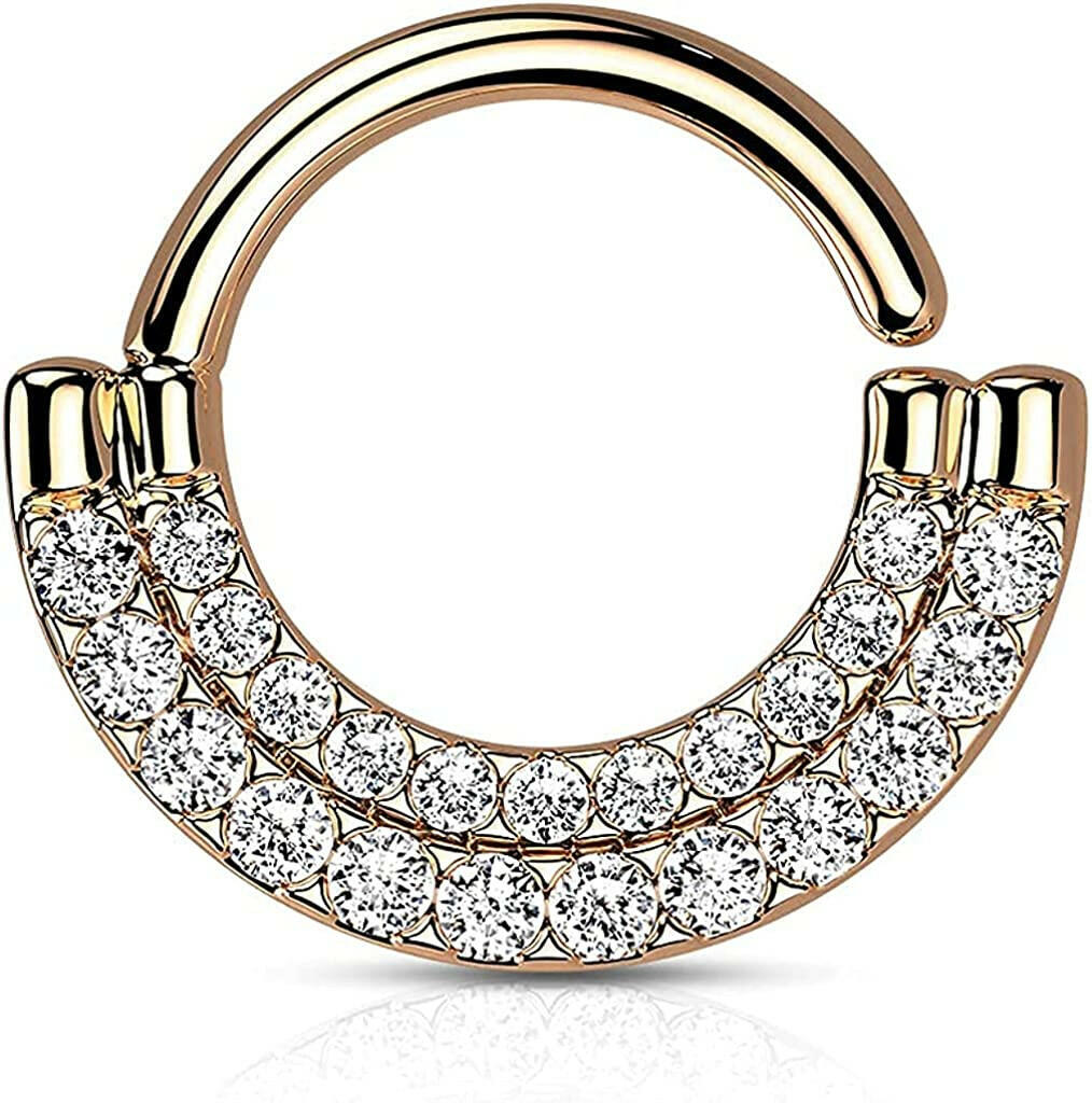 Brass Double Lined CZ Paved Front Bendable Hoops for Daith Cartilage Septum Cartilage Earring Impulse Piercings Rose Gold