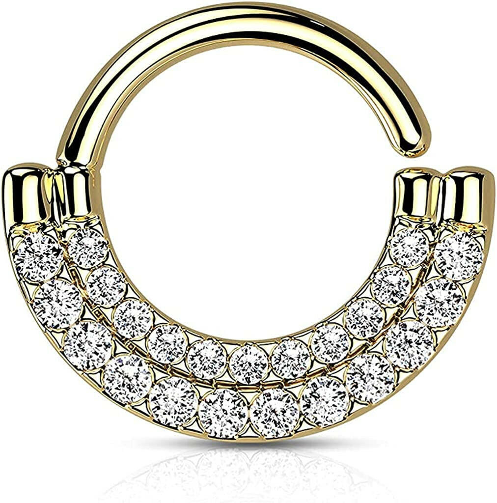 Brass Double Lined CZ Paved Front Bendable Hoops for Daith Cartilage Septum Cartilage Earring Impulse Piercings Gold