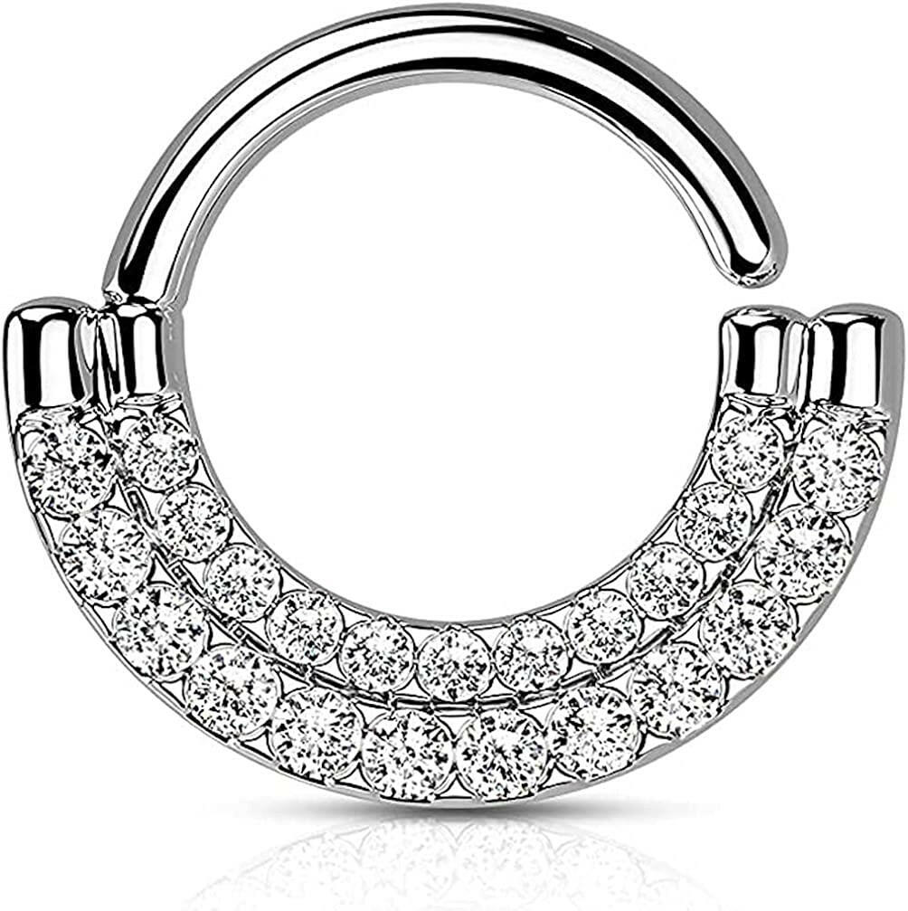 Brass Double Lined CZ Paved Front Bendable Hoops for Daith Cartilage Septum Cartilage Earring Impulse Piercings Clear