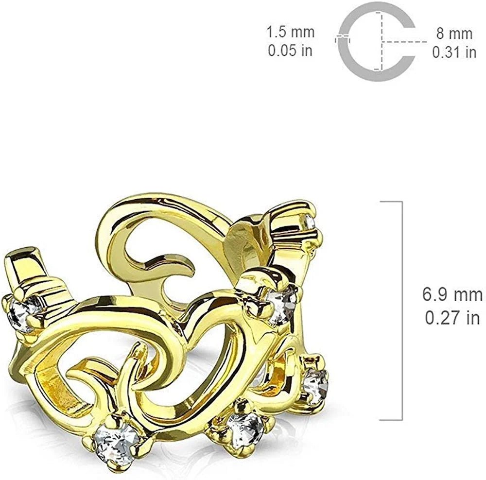 Brass Filigree Linked Hearts with CZ Accents Non-Piercing Ear Cuff Cuff Earring Impulse Piercings