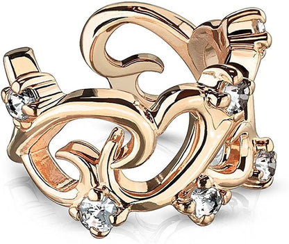Brass Filigree Linked Hearts with CZ Accents Non-Piercing Ear Cuff Cuff Earring Impulse Piercings Rose Gold