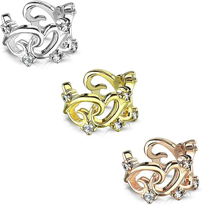 Brass Filigree Linked Hearts with CZ Accents Non-Piercing Ear Cuff Cuff Earring Impulse Piercings