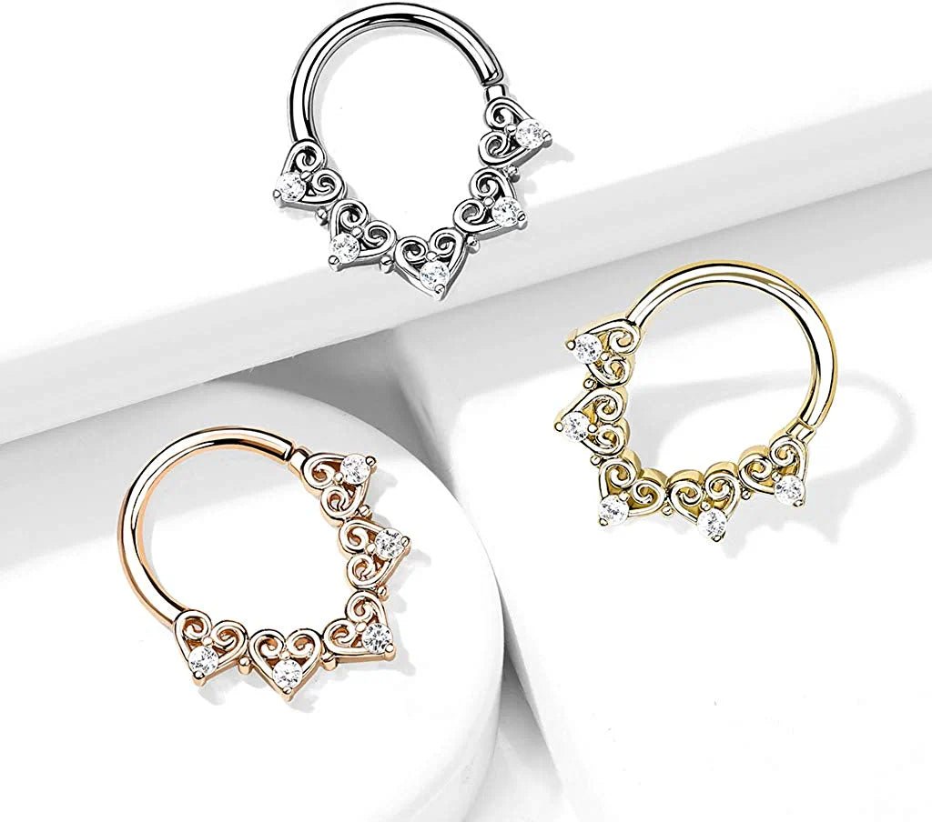 Brass Heart Filigree with Mini CZ Details Bendable Hoops for Daith Cartilage Septum Cartilage Earring Impulse Piercings