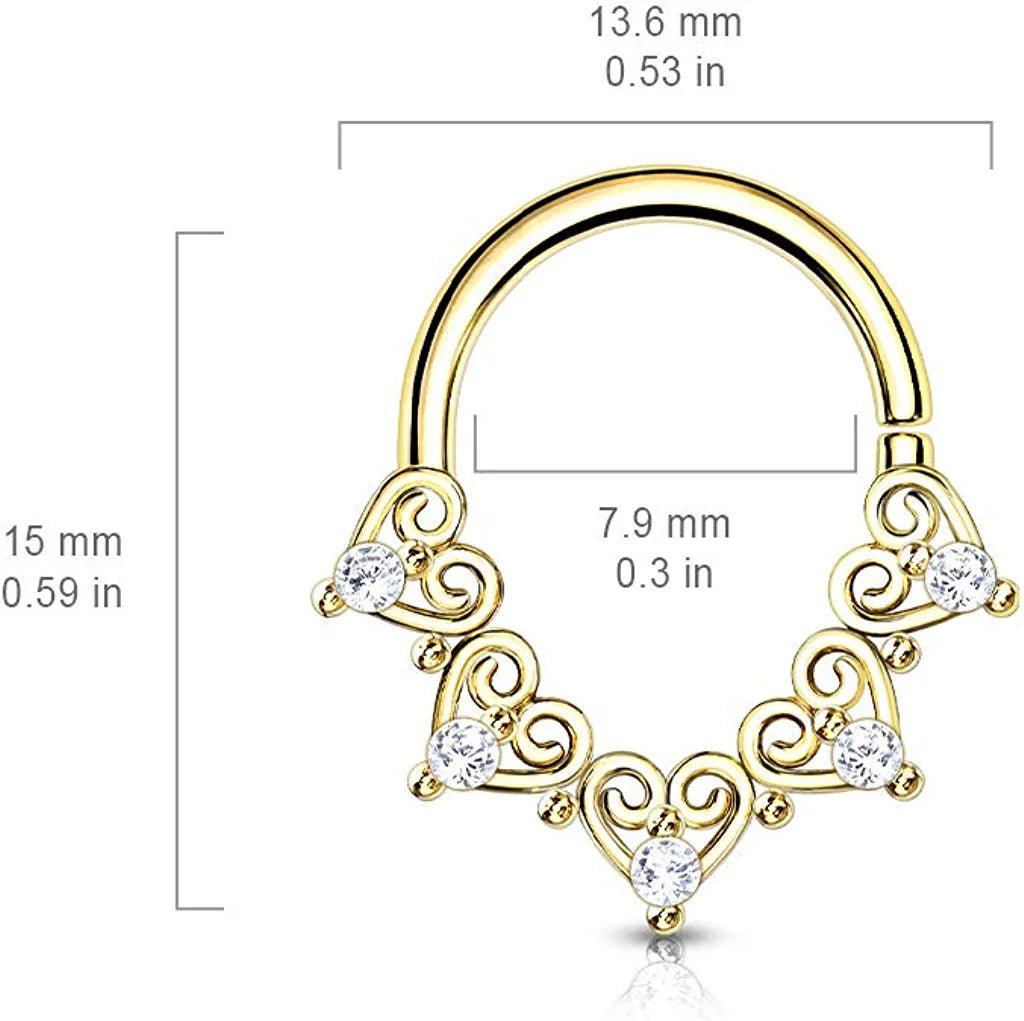 Brass Heart Filigree with Mini CZ Details Bendable Hoops for Daith Cartilage Septum Cartilage Earring Impulse Piercings