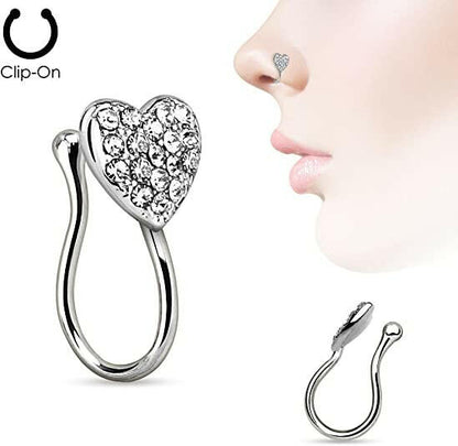 Brass Heart with Gems Non Piercing Gold IP Nose Clip Nose Ring Impulse Piercings