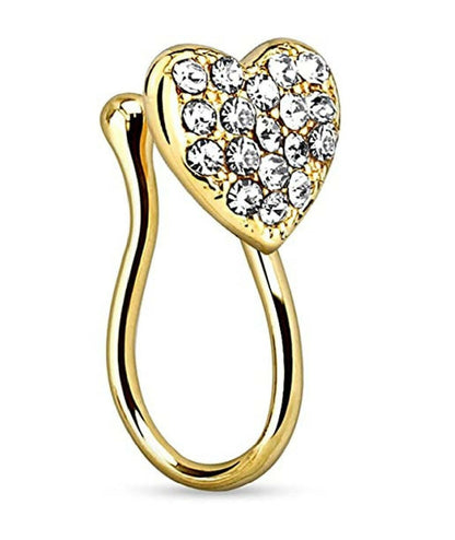 Brass Heart with Gems Non Piercing Gold IP Nose Clip Nose Ring Impulse Piercings Gold