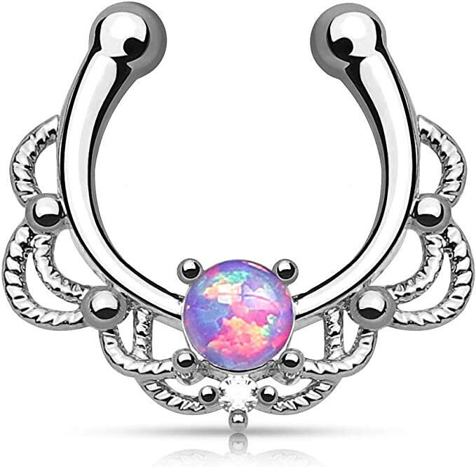 Brass Lacey Single Opal Non Piercing Septum Hanger Nose Ring Impulse Piercings Purple