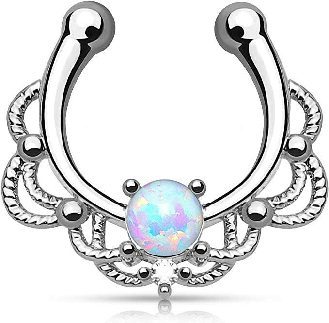 Brass Lacey Single Opal Non Piercing Septum Hanger Nose Ring Impulse Piercings White