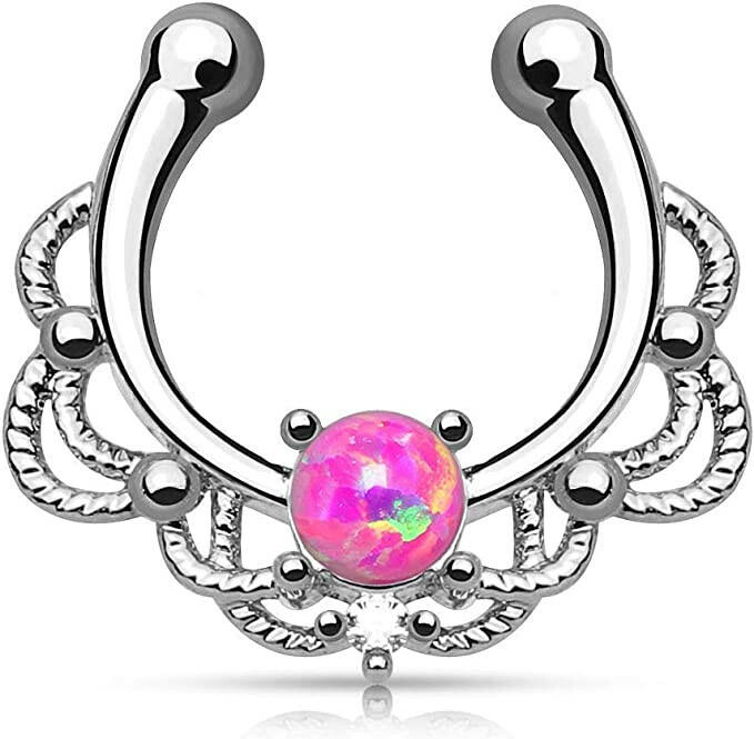 Brass Lacey Single Opal Non Piercing Septum Hanger Nose Ring Impulse Piercings Pink