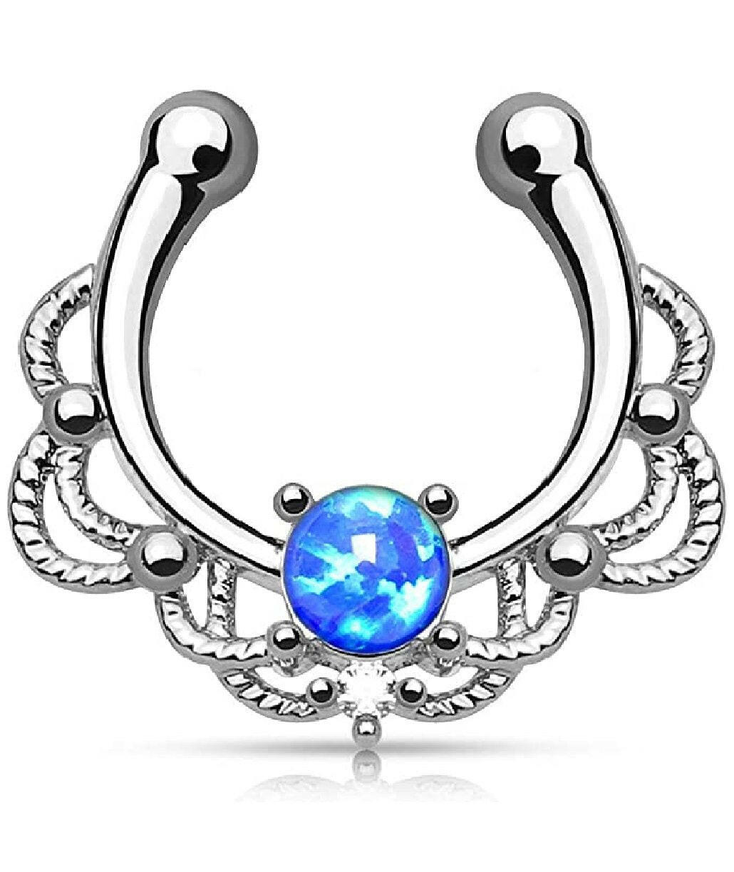 Brass Lacey Single Opal Non Piercing Septum Hanger Nose Ring Impulse Piercings Blue