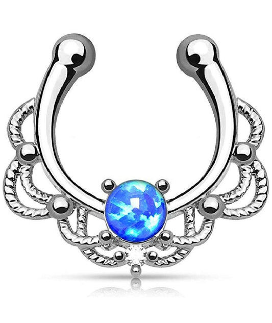 Brass Lacey Single Opal Non Piercing Septum Hanger Nose Ring Impulse Piercings Blue