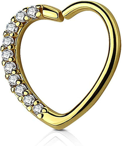 Brass Lined CZ Heart Ear Cartilage Daith Hoop Rings Nose Ring Impulse Piercings Left/Gold