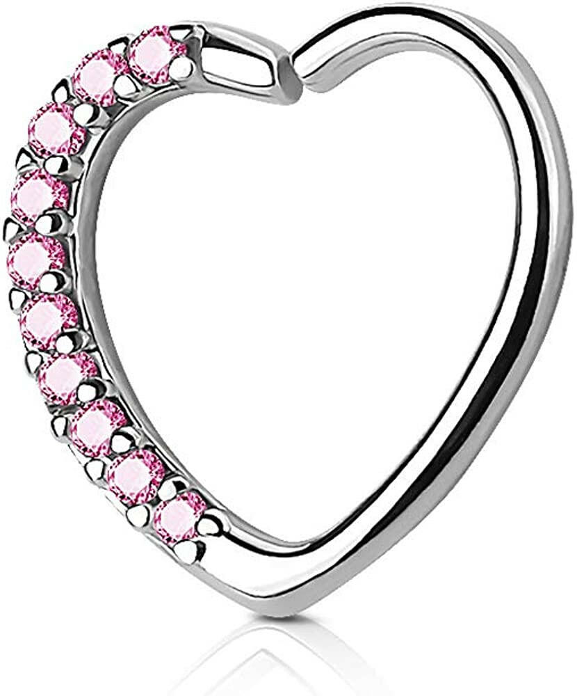 Brass Lined CZ Heart Ear Cartilage Daith Hoop Rings Nose Ring Impulse Piercings Left/Pink