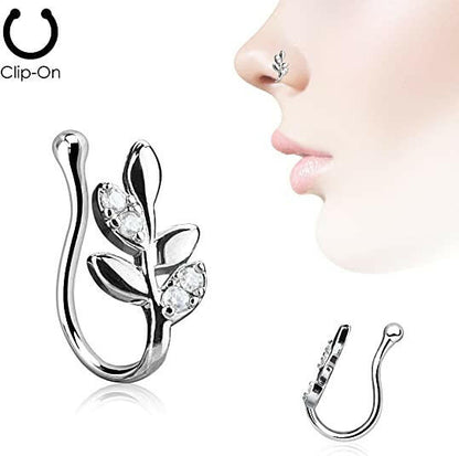 Brass Olive Branch with CZ Paved Leaves Non Piercing Nose Clips Nose Ring Impulse Piercings