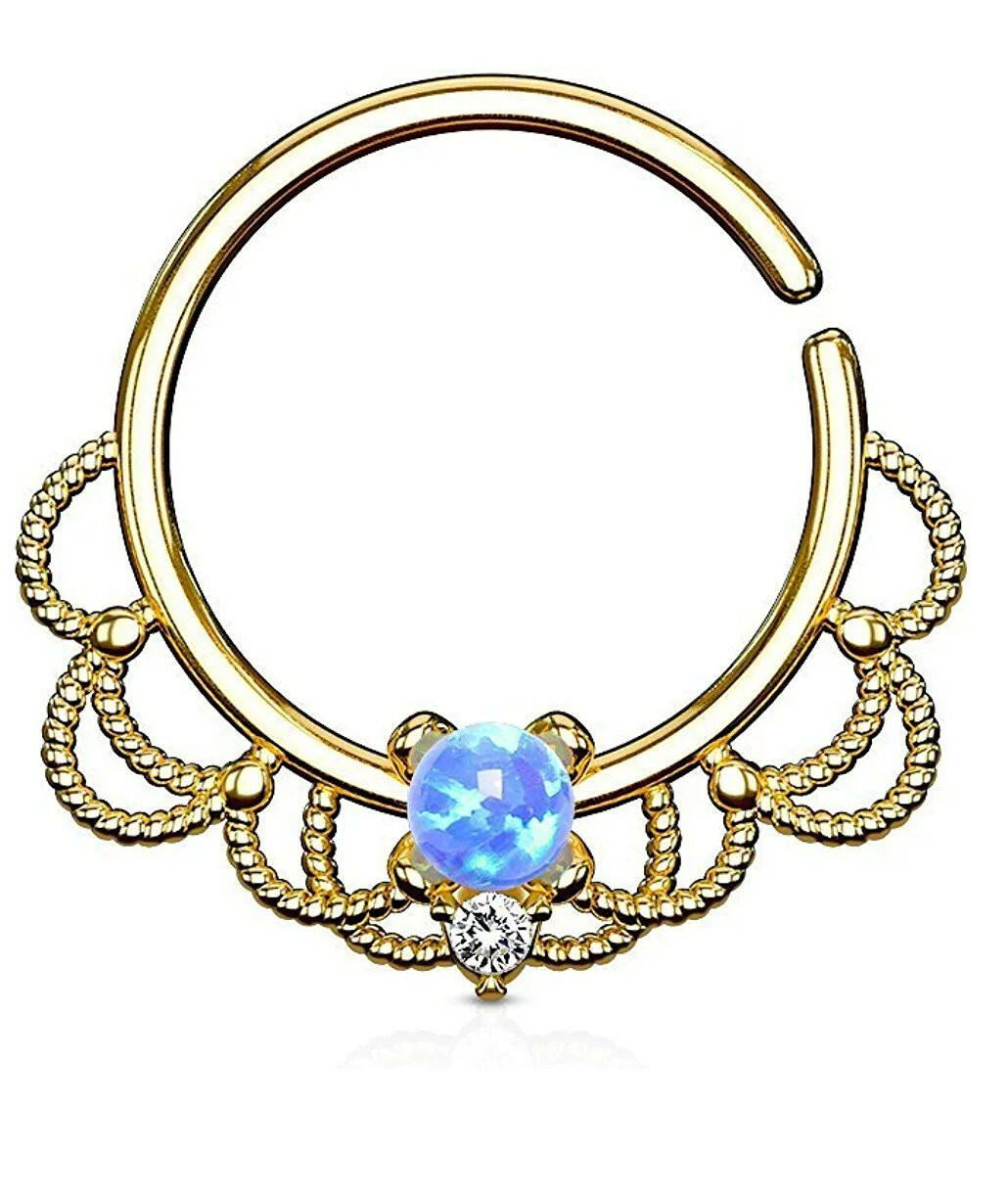 Brass Opal Centered Filigree Bendable Hoop Rings for Nose Septum Daith and Ear Cartilage Septum Ring Impulse Piercings Gold/Blue