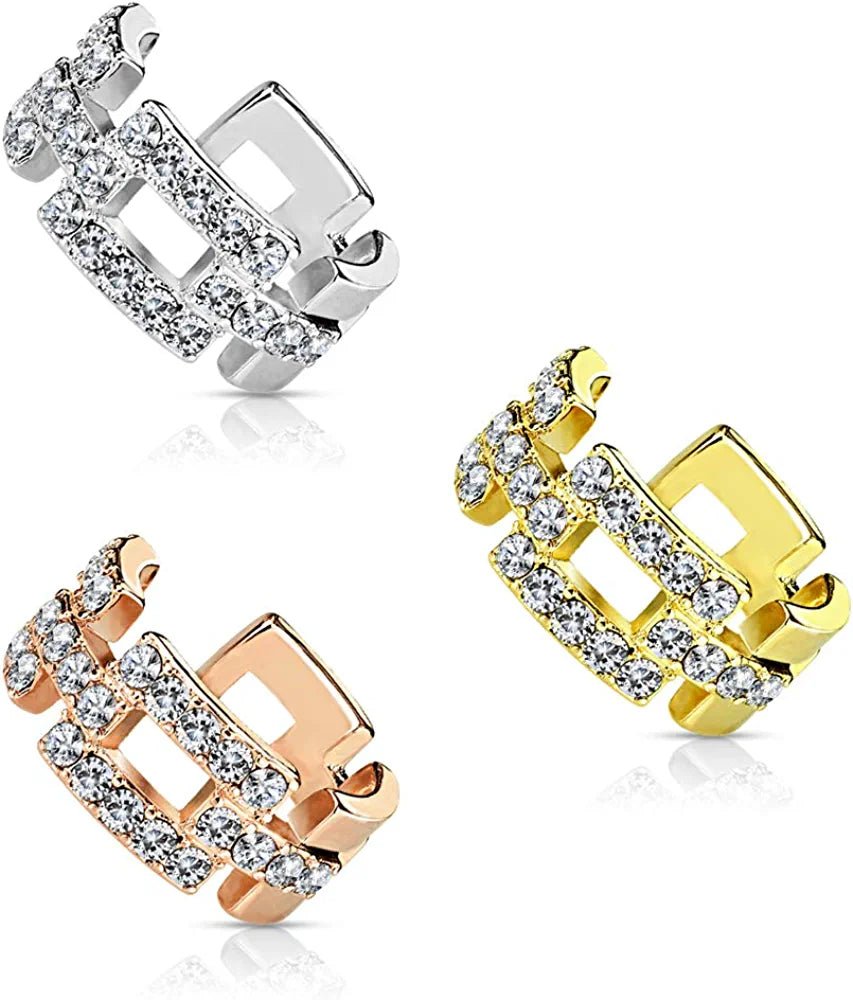 Brass Square Links Paved CZ Non-Piercing Ear Cuff Cuff Earring Impulse Piercings