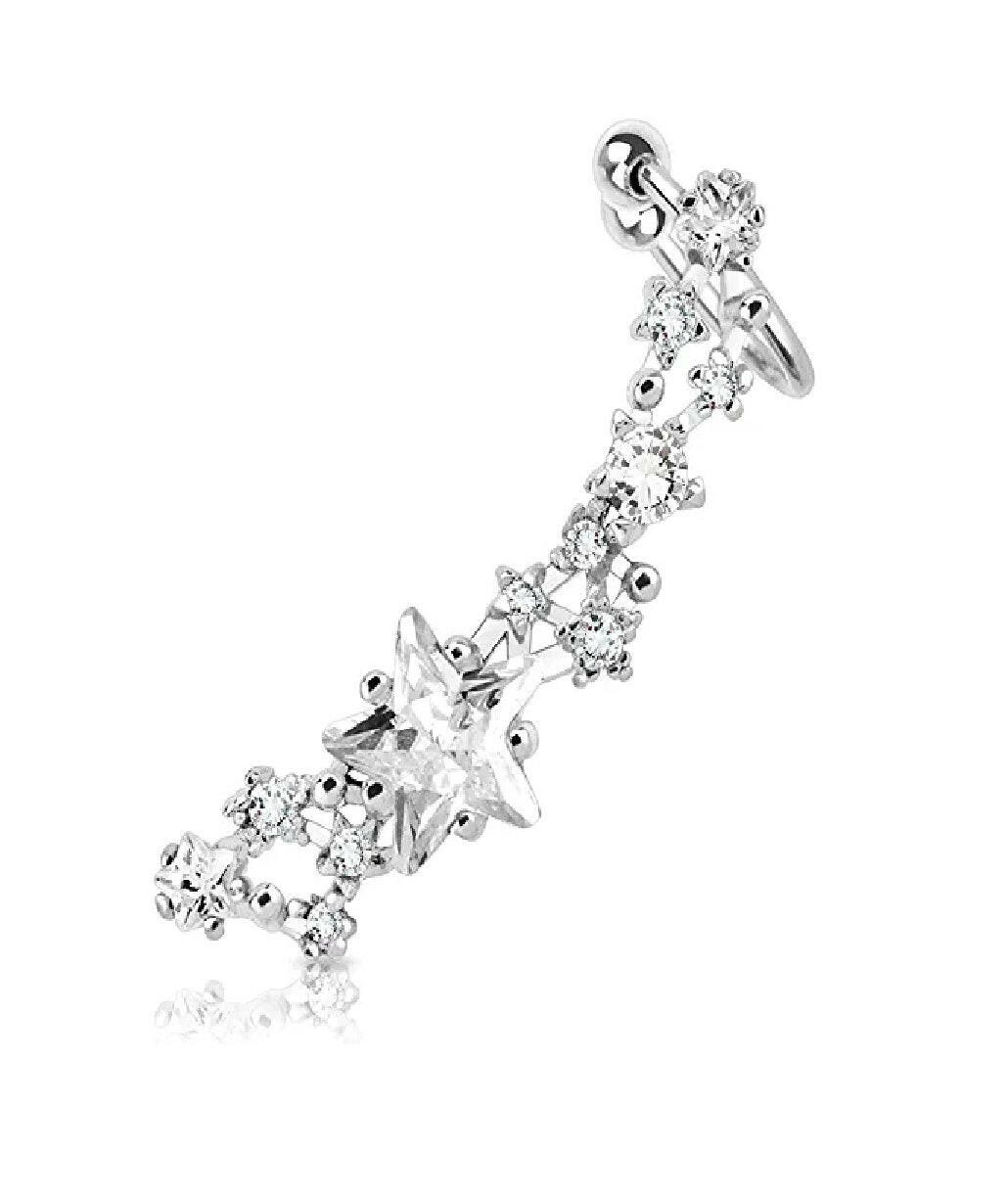 Brass Star CZ Rhodium Plated Ear Cuff Cuff Earring Impulse Piercings Left Clear