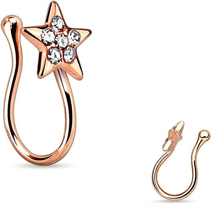 Brass Star with Gems Non Piercing Gold IP Nose Clip Nose Ring Impulse Piercings Rose Gold