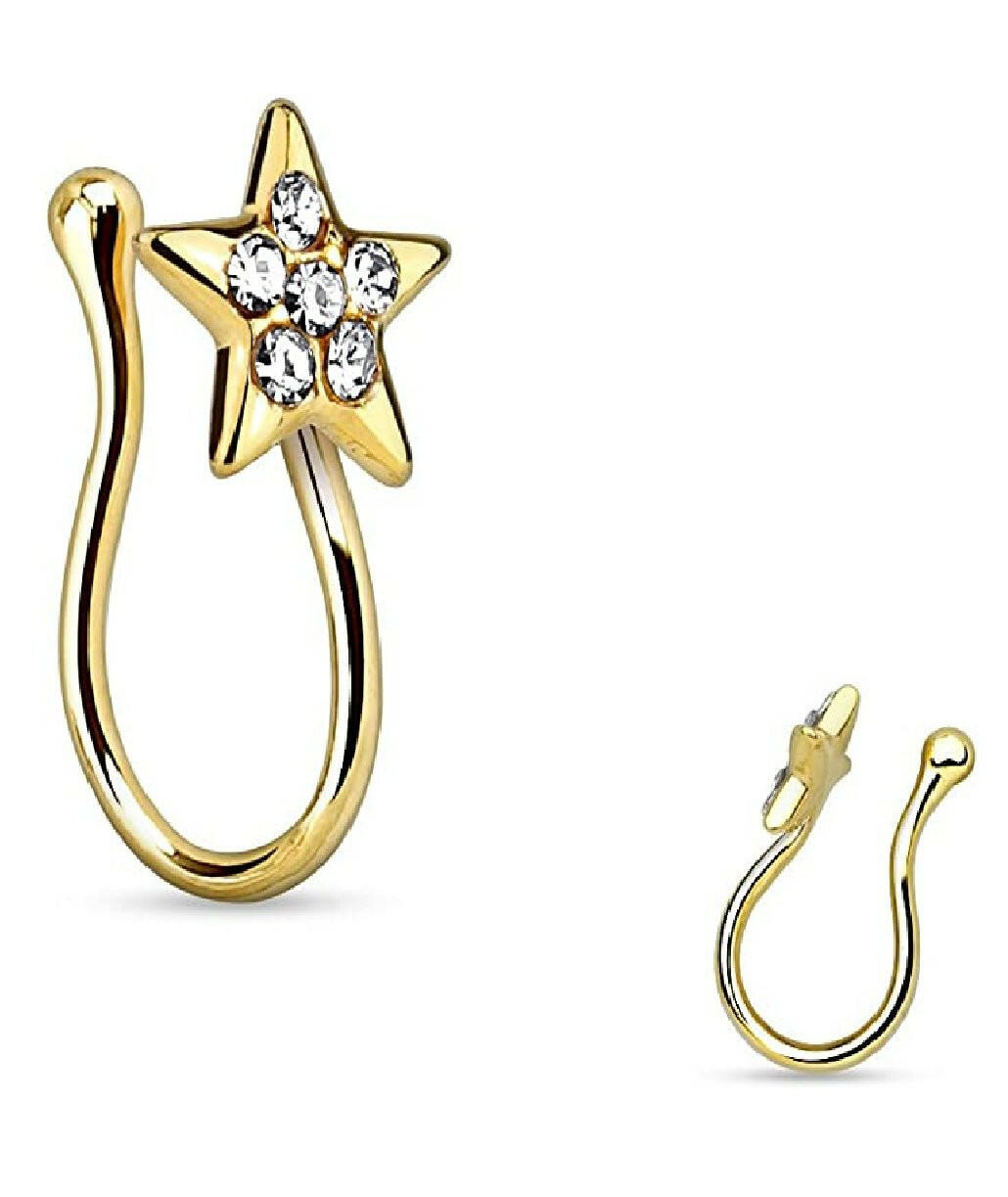 Brass Star with Gems Non Piercing Gold IP Nose Clip Nose Ring Impulse Piercings Gold