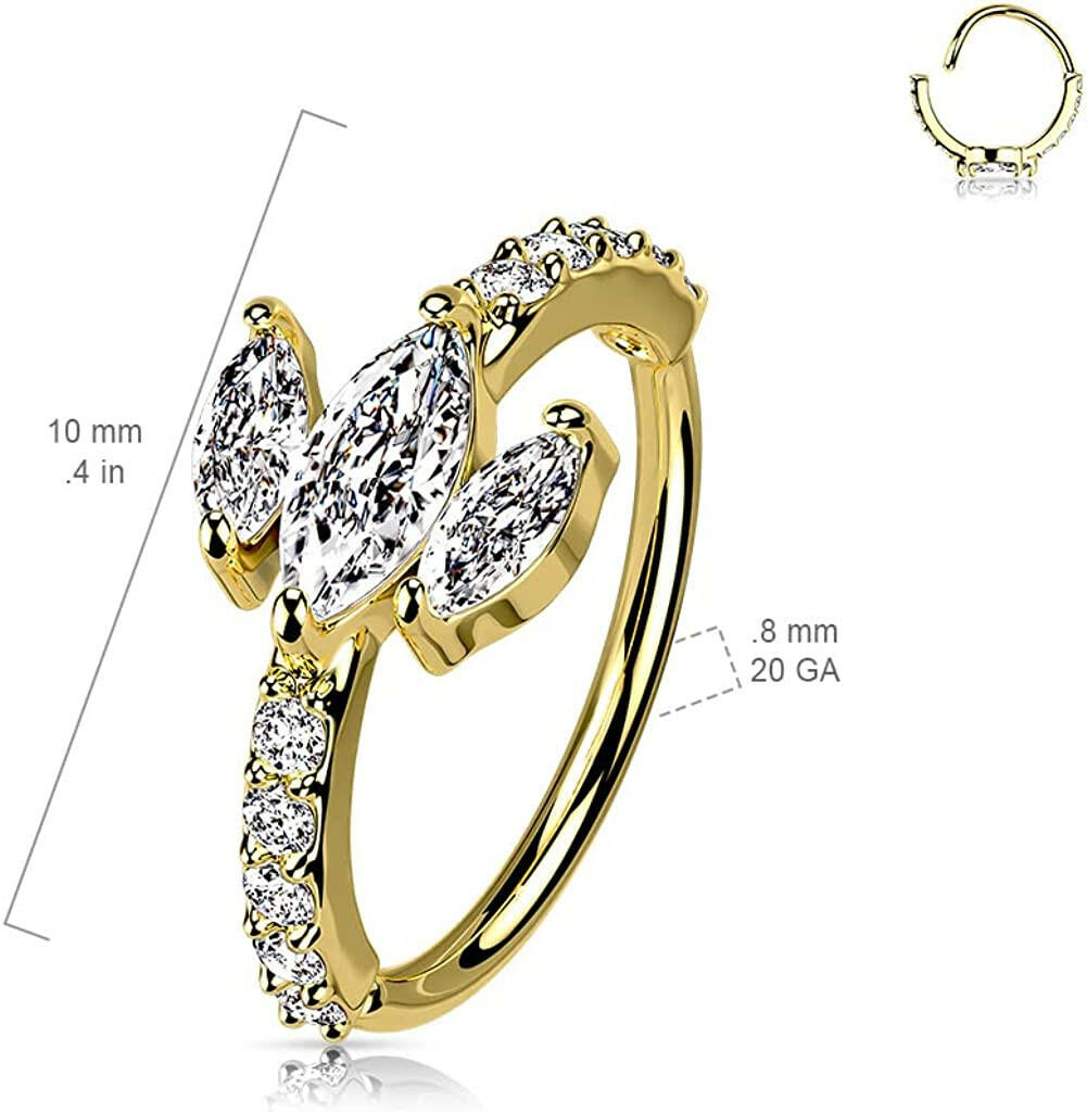 Brass Triple Marquise CZ Top with CZ Paved Sides Bendable Hoop Nose Rings Nose Ring Impulse Piercings