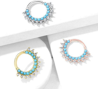 Brass Turquoise and CZ Double Lined Bendable Hoops for Ear Cartilage Daith Nose Septum Cartilage Earring Impulse Piercings