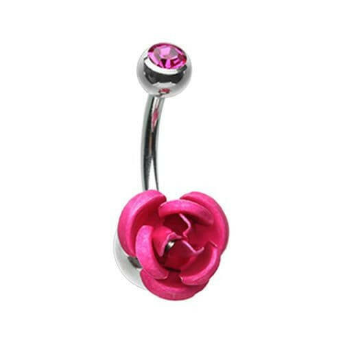 Bright Metal Rose Blossom Belly Button Ring Navel Ring Impulse Piercings Fuchsia