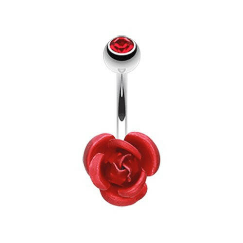 Bright Metal Rose Blossom Belly Button Ring Navel Ring Impulse Piercings Red