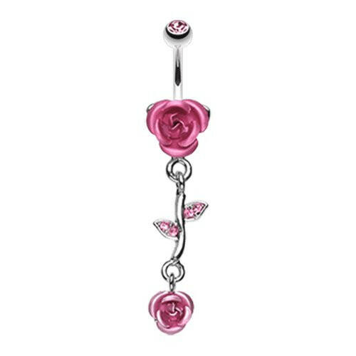 Bright Metal Rose Vine Dangle Belly Button Ring Navel Ring Impulse Piercings Light Pink