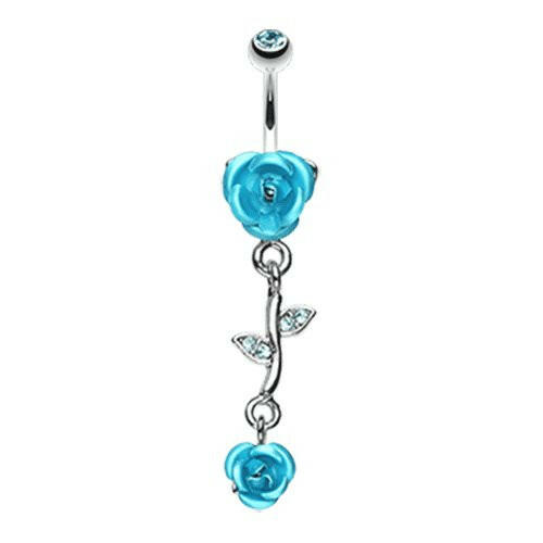 Bright Metal Rose Vine Dangle Belly Button Ring Navel Ring Impulse Piercings Aqua