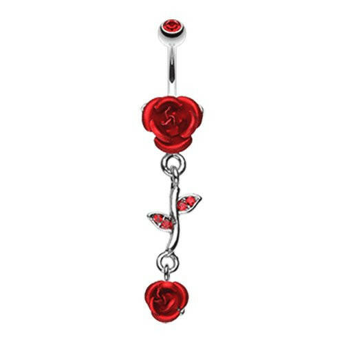 Bright Metal Rose Vine Dangle Belly Button Ring Navel Ring Impulse Piercings Red