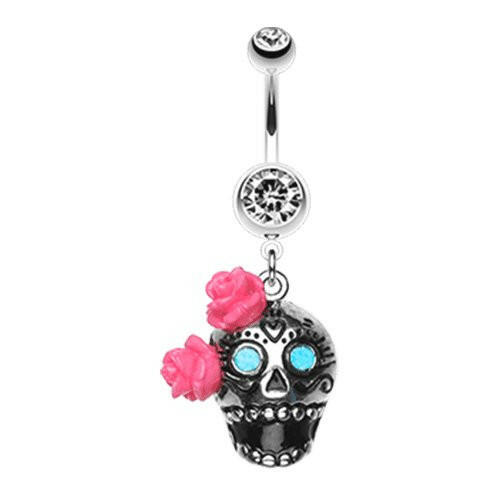 Bright Sugar Skull Rose Belly Button Ring Navel Ring Impulse Piercings Clear