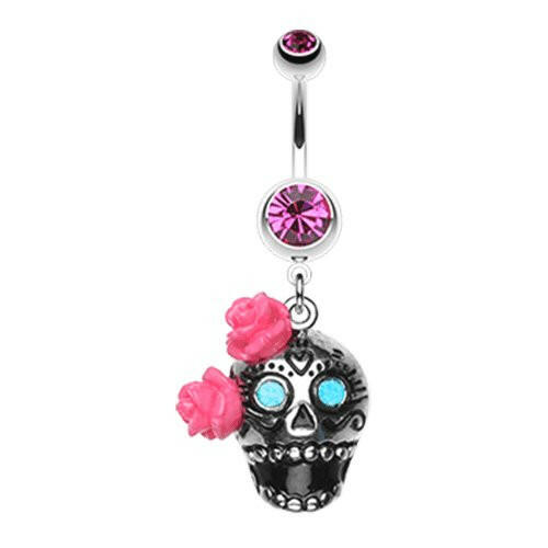 Bright Sugar Skull Rose Belly Button Ring Navel Ring Impulse Piercings Fuchsia