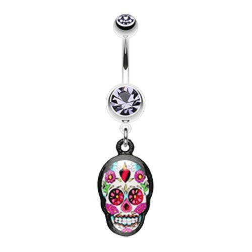 Brightly Colored Sugar Skull Print Belly Button Ring Navel Ring Impulse Piercings Tanzanite