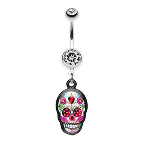 Brightly Colored Sugar Skull Print Belly Button Ring Navel Ring Impulse Piercings Clear