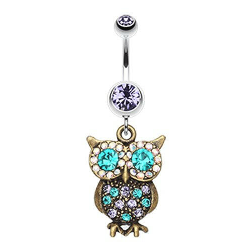 Bronze Owl Sparkle Belly Button Ring Navel Ring Impulse Piercings Tanzanite