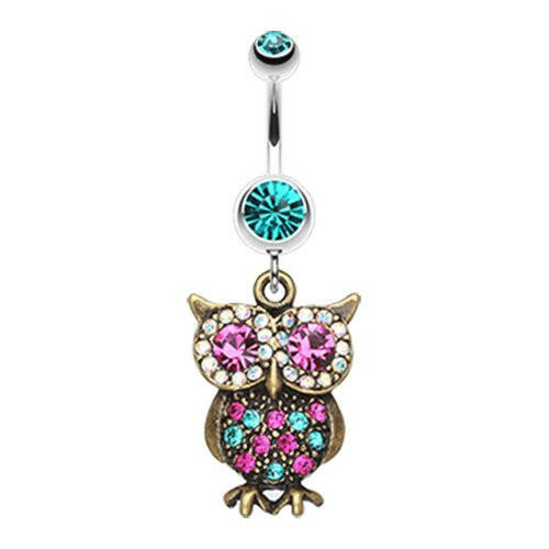 Bronze Owl Sparkle Belly Button Ring Navel Ring Impulse Piercings Teal