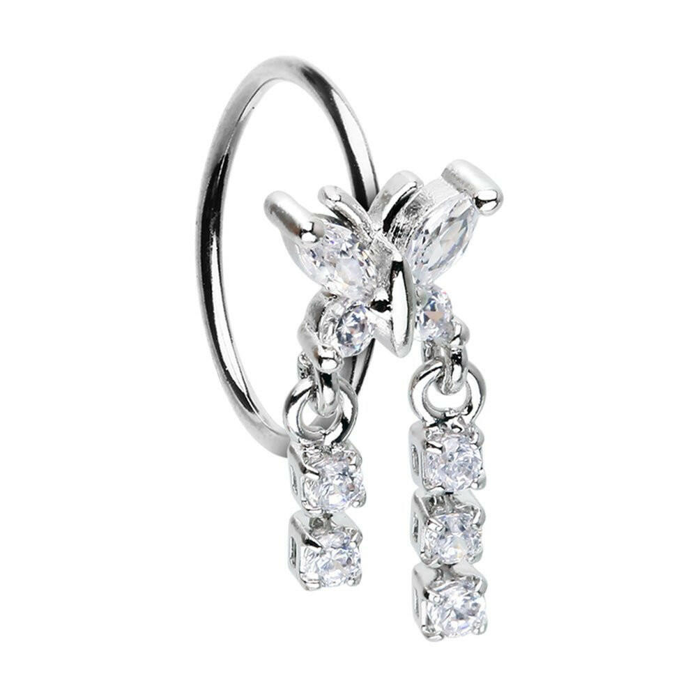 Butterfly CZ Double Dangle Bendable Nose Hoop Nose Hoop Impulse Piercings 20 GA Length (8mm)