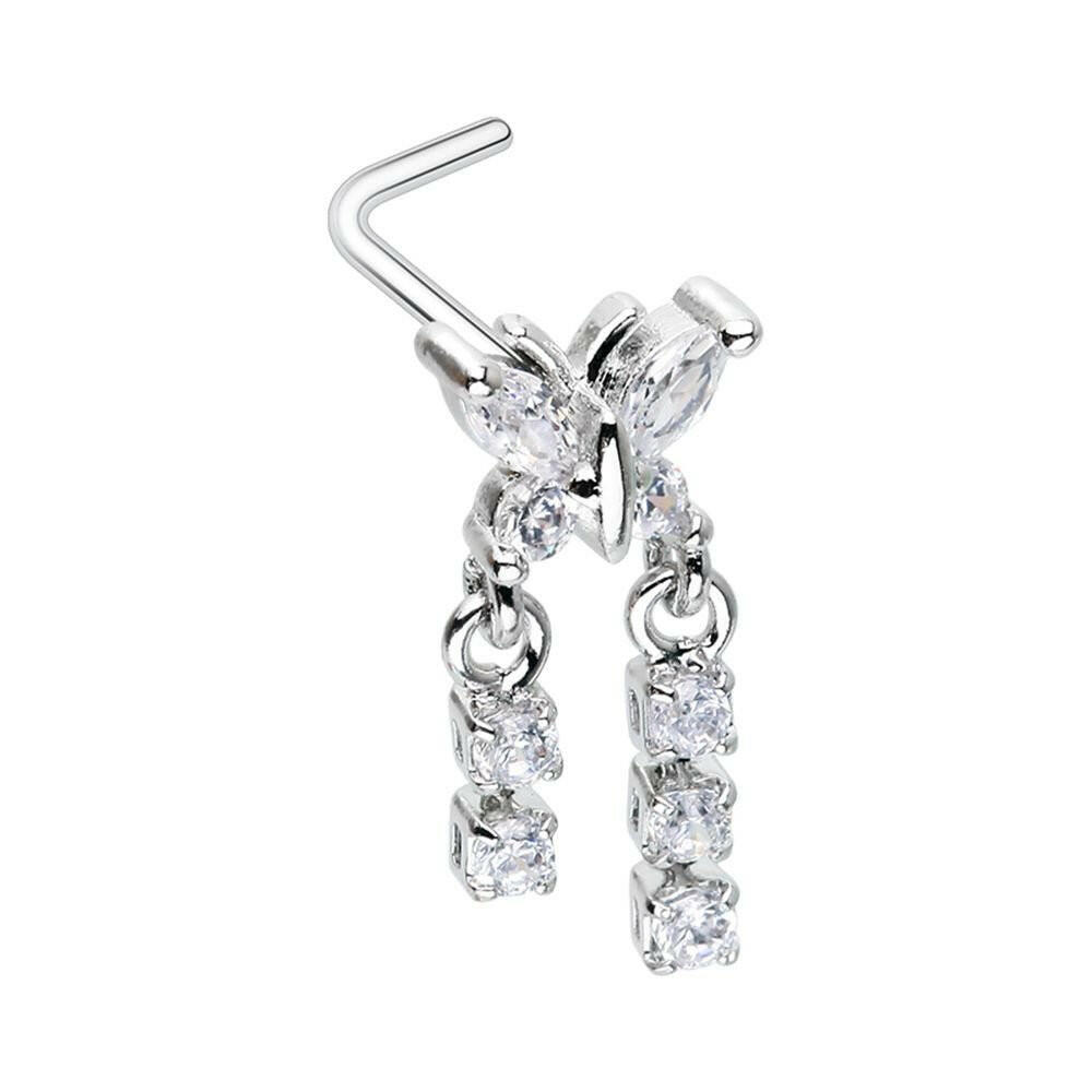 Butterfly CZ Double Dangle Gem L-Shape Nose Ring Nose Ring Impulse Piercings 20 GA Length (7mm)