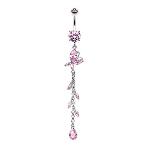 Butterfly Gem Sparkle Cubic Zirconia Belly Button Ring Navel Ring Impulse Piercings Pink