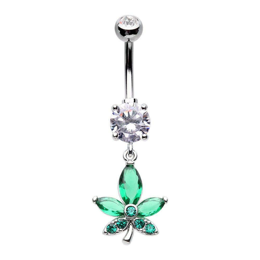 Cannabis Mary Jane Dangle Drop Cubic Zirconia Belly Button Ring Navel Ring Impulse Piercings