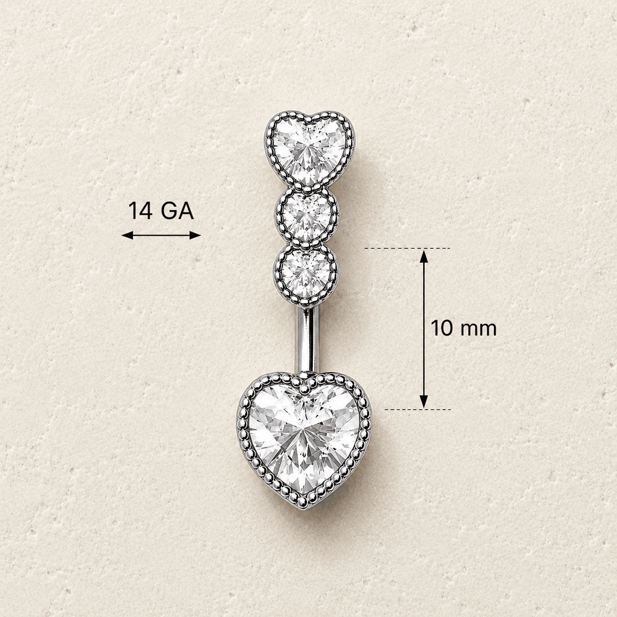 Cascading Heart CZ Navel Ring 14G 316L Steel