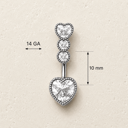 Cascading Heart CZ Navel Ring 14G 316L Steel
