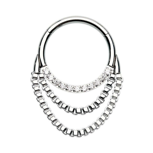 Chained Front Facing Multi Gem Steel Seamless Hinged Clicker Ring Septum Ring Impulse Piercings